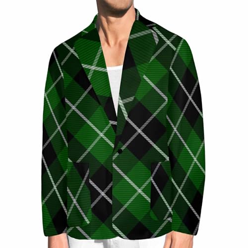 Men's Sport Coats Blazers Green Tartan Plaid Pattern Men's Casual Blazer Slim Fit Stretch One Button Suit Jacket