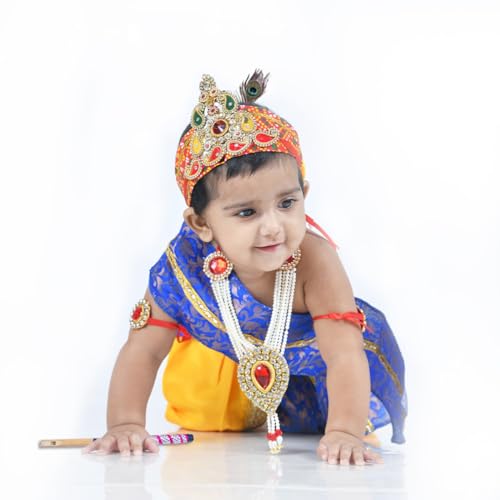 Image of ITSMYCOSTUME Krishna Dress for Baby Boy Kids Set of 10(Dhoti,Hip Cover,Patka,Mukut,Morpankh,Bansuri,Kamarband,Bajuband,Kundal) Little Krishna Ji Kanha Janmasthmi Costume