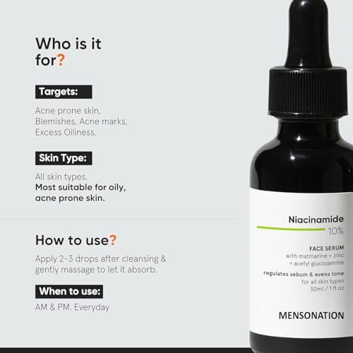 Image of Niacinamide 10% Face Serum with Matmarine, Zinc and Acetyl Glucosamine, Regulates Sebum, 30ml