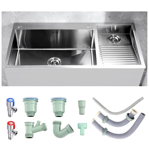 Lavandino Grande Per Lavanderia, Con Asse Di Lavaggio, Per Garage, Cantina, Lavello Di Servizio In Acciaio Inox 304, Lavello Per Lavanderia A Doppia Vasca(Silver-A,100cm-Right)