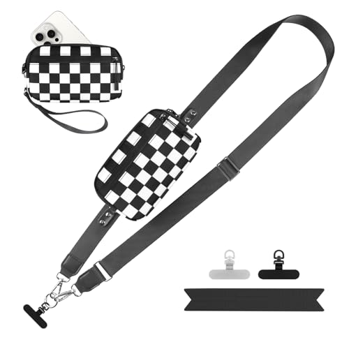 Image of YFWE Clip and Go Strap for Phone with Wallet Crossbody, Adjustable Phone Lanyard with Detachable RFID Wristlet Wallet, Phone Strap with Phone Tabs for All Phones, Black Checkered (L)