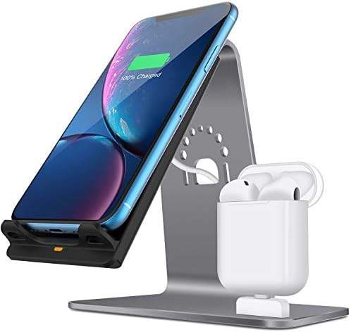 2 in 1 Aluminum Airpods Charging Station, Qi Fast Wireless Charger Dock for iPhone X/8 Plus/8/Samsung S8 and Other Qi-Enabled Devices, Grey(Airpods Charging Case NOT Included)-Grey