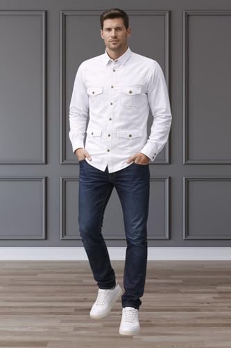 Image of LATEST CHIKAN Men's White Safari Overshirt | Full Sleeve Button-Up with 4 Pockets & Contrast Stitching | Breathable Cotton Casual Wear |
