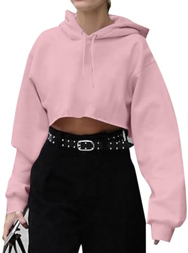 Remidoo Graphic Hoodie for Women Fleece Cropped Sweatshirt Long Sleeve Crop Top Casual Pullover Sweater Pink Small