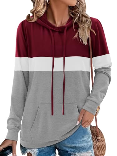 Chicrise Hoodies For Women Crew Neck Colour Block Long Sleeve Sweatshirt Casual With Drawstring Women Tops With Pocket Wine Red Grey Large 16-18 L