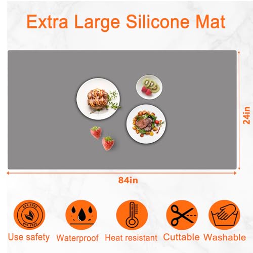 Image of 84''x24'' Extra Large Silicone Mat for Kitchen Counter, Heat Resistant Countertop Protector, Non-Slip Waterproof Kitchen Island Mat, Easy to Clean, Dark Gray