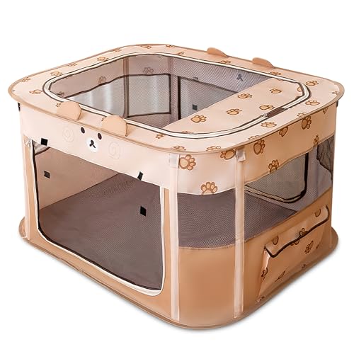 FLOVIPPET Parque para Mascotas Portátil, Corralito Rectangular para Perros, Recinto Plegable para Gatos Conejos Cachorros, Caseta Cama para Gatos para Uso en Interiores y Exteriores (Marrón, XXL)