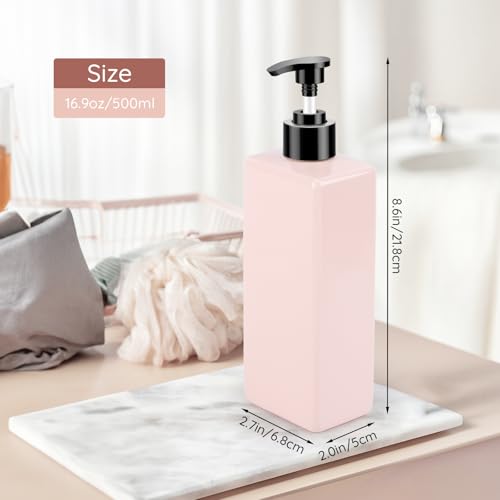 Image of Segbeauty 16.9oz Soap Dispenser Refillable, 2pcs Pink Shower Lotion Bottles with Labels, 500ml Plastic Square Shampoo and Conditioner Bottles for Bathroom, Empty Hand Dish Soap Dispenser for Kitchen
