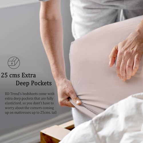 Image of RD TREND Microfiber Satin Weave Fitted Bedsheet for Double Bed King Size (78x72x10 Inch) with 2 Pillow Covers (18x28 Inch), 400 TC Elastic All Around | Lite Peach