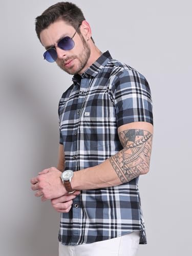Image of Majestic Man Men Comfort Slim Fit Checked Pure Cotton Half Sleeve Casual Shirt