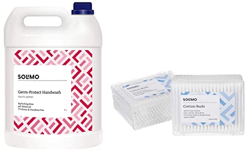 Image of Amazon Brand - Solimo Germ-Protect Handwash Liquid, Refreshing Rose, 5L & Cotton Buds - 200 Sticks (Pack of 2)