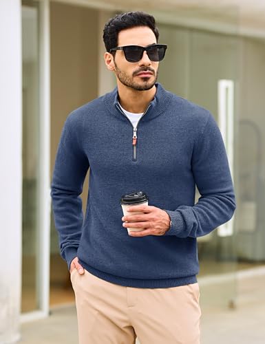 Cotrasen Mens Sweater Quarter Zip Pullover Casual Knit Cotton Long Sleeve Mock Neck Polo Sweaters2