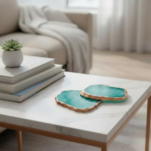 Image of Natural Agate Stone Tea Coasters Set | Premium Stone Coasters for Tea, Coffee & Glass | Heat Resistant Coasters for Dining Table, Office Desk & Home Decor | Pack of 2 | Color -Turquoise