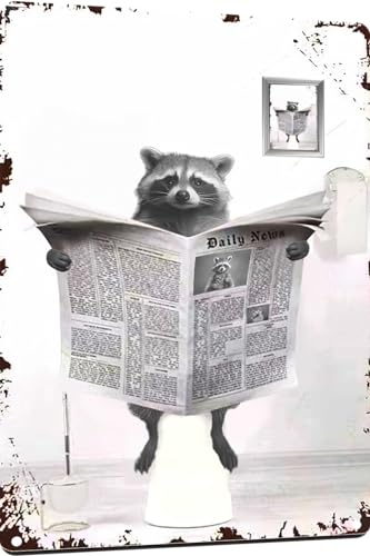 TopPacific Metal Tin Sign Vintage Raccoon Toilet Reading Newspaper Humour Funny Animal Whimsy Animal for Home, Bathroom and Toilet Wall Decor 12x16 Inch(817B)