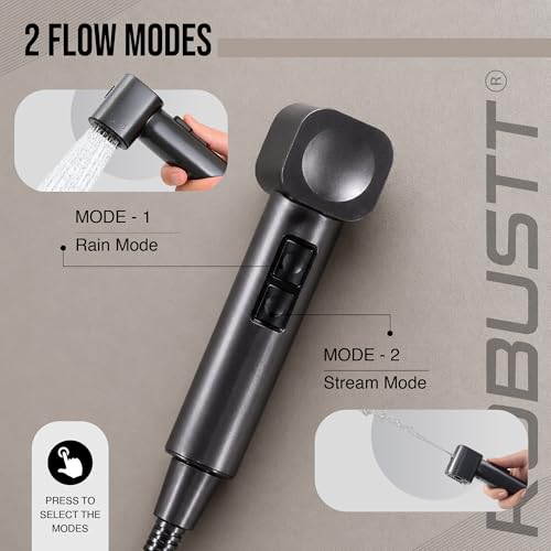 Image of Robustt Health Faucet for Toilet with 1.2m Hose | with Adhesive Wall Mount Holder |2 Flow Modes | Jet Spray Pipe for Toilet with Stream & Rain Settings, - Chrome Finish Bathroom Faucet