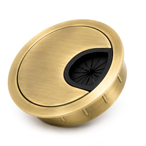 Image of Aluminum Alloy Desk Grommet - Round Metal Cable Wire Hole Cover with Flip Dust-Proof Lid for Office Desk, Computer Table, TV Cabinet & Furniture - Cord Organizer (60mm Round, Gold)