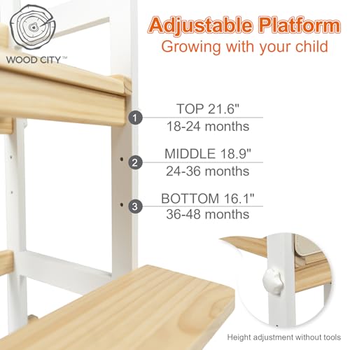 Image of Kitchen Step Stool for Toddlers with Non-Slip Mat, WOOD CITY Wooden Kids Montessori Learning Stool Tower, Toddler Standing Tower Helper for Kitchen Counter and Bathroom Sink(White-Natural-Adjustable)