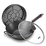 FGJ Wok, 13 Inch carbon steel wok pan with steamer & stir-fry pans nonstick, Pre-Seasoned 5.8QT Flat Bottom Chinese Woks Paella Pan with lid, Carbon Steel Cookware, Compatible with All Cooktops