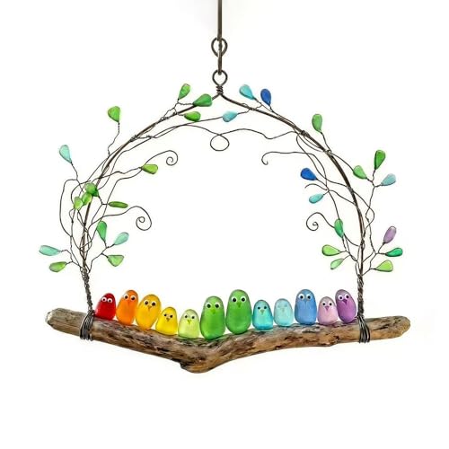 Colorful Sea Glass Bird Perch, Handmade Seaglass Rainbow Wall Art, Sea Glass on Branch Driftwood Art, Home Decor for Balcony Garden Indoor Outdoor (12 Birds)