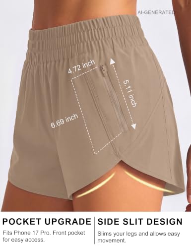 Image of BMJL Women's Athletic Shorts Running Workout Shorts Gym High Waisted Summer Short with Waistband Pocket | built-in liner,thick elastic waistband,split side,comfy fabric,zipper pocket,longer back,workout,athletic,curved back line