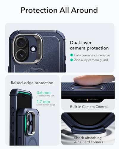 Image of ESR for iPhone 17 Phone Case with Stand, 23ft Military-Grade Drop Protection with Camera Control, Shock-Absorbing Rugged Cover, Compatible with MagSafe Accessories, Cyber Series, Blue