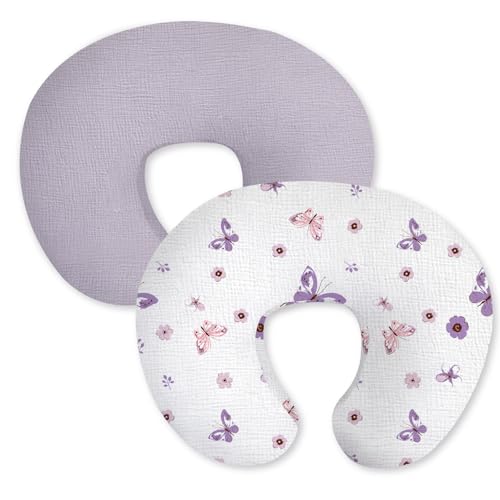 Image of Little Grape Land Muslin Nursing Pillow Covers 2 Pack, 100% Cotton Removable Breastfeeding Pillow Covers, Feeding Pillow Slipcovers for Baby Boys & Girls, (Purple Butterfly & Purple)