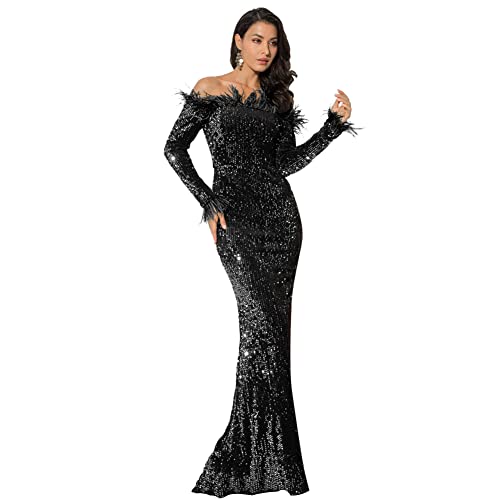 Romagic Formal Floor Length Long Sleeve Party Dress Sequin Feather Evening Prom Event