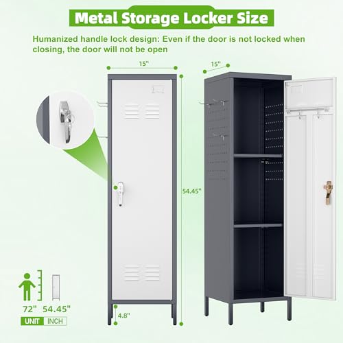 Image of Aobabo Metal Locker, 54 inch H Metal Storage Locker for Employees, Lockable 1 Door with Towel Rack and 2 Side Pegboards with Hooks for Home School Office Gym, Assembly Required (Gray White)