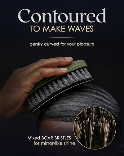 NEW OLIVE MEDIUM Crown Quality Products Curved 360 Wave Caesar 2.0 Mixed Boar Bristle Hairbrush - Non-Slip Grip, Waterproof, Debossed Logo, Indestructible Body - The Ultimate 360 Wave Brush