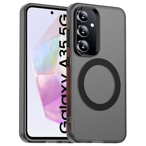 Image of Elzzi Magnetic Translucent Back Cover for Samsung Galaxy A35 5G, [Compatible with MagSafe] Slim Fit Shockproof Translucent Matte Hard Back Phone Cover with Protective Bumper for Men & Women (Black)