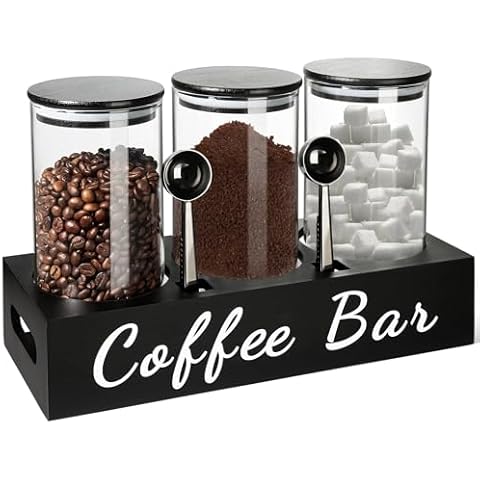 GMISUN Coffee Canister, 3 Pcs 50 fl oz Coffee Storage Canisters with Airtight Lids, Black Glass Coffee Tea Sugar Container Set with Scoop/Shelf/Labels, Ground Coffee Jars for Coffee Station Countertop Cover