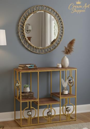 Image of Console Table with Storage, Modern Engineered Wood, Gold Metal Frame with Decorative Spheres, 30x30x7.5 Inch (Gold Brown)