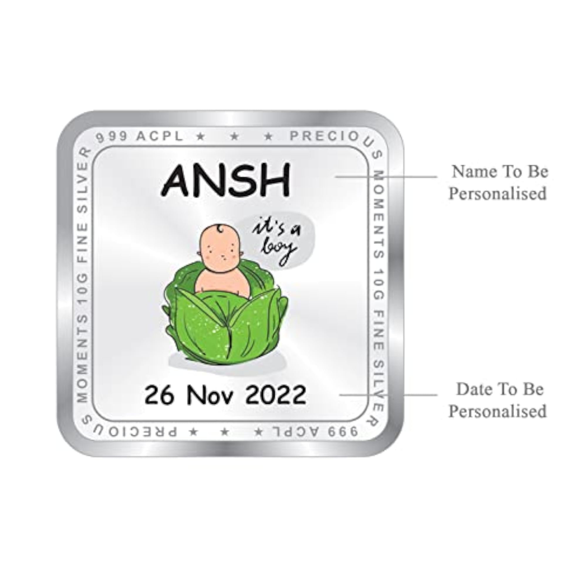 999 Pure Silver Personalised New Born Baby Coin, Gift for Baby