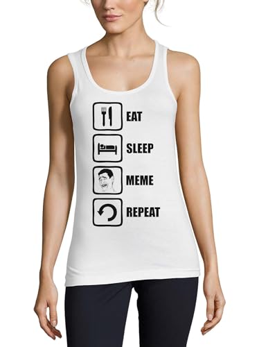 Camiseta blanca sin mangas Eat Sleep Meme Repeat ideal para un look casual de verano