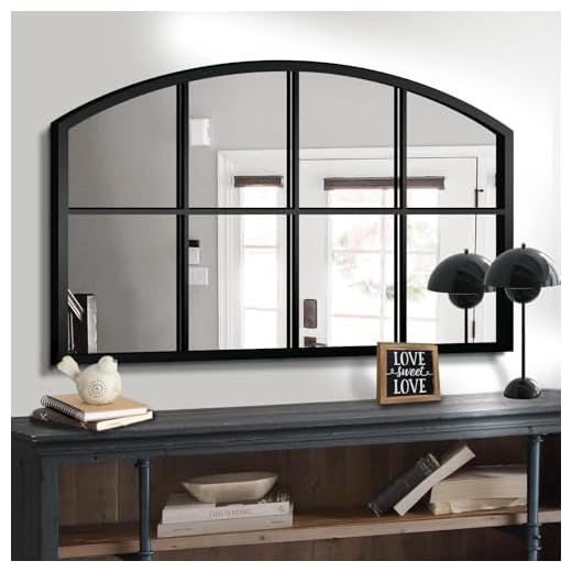 WAMIRRO Wide Window Pane Black Mirror,Farmhouse Arched Wall Mirror,Mantel Mirror for Fireplace/Entryway/Hallway/Living Room,42“X28” (Black Wide Mirror)