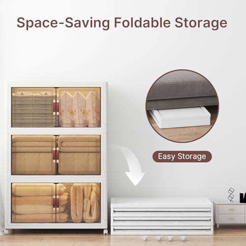 Image of UAMFURI Stackable Storage Bins with Lids, 1080QT Lockable Storage Cabinet,Foldable Storage Box with Doors and Wheels, Plastic Drawers for Home, Garage, Office (6, White, Extra Large)