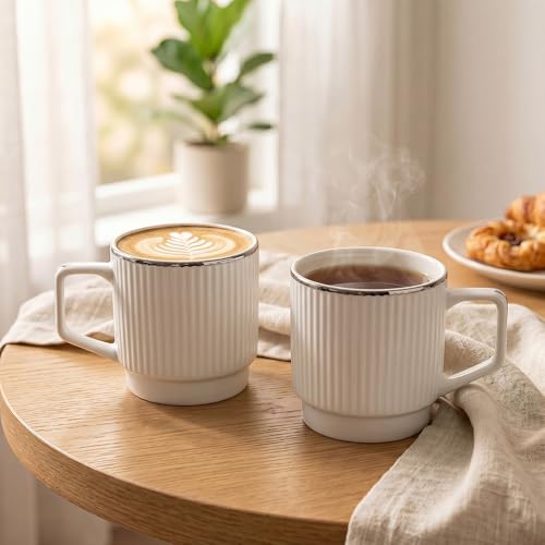 Image of UPC Coffee Mug Set of 6 | White Ribbed Texture with Silver Rim | Tea & Coffee Cups | Microwave & Dishwasher Safe | Home & Kitchen