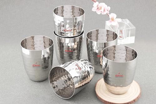 Image of Ebun Stainless Steel Hand Hammered Design Heavy Gauge Drinking Glass Set 12 Pieces 300 Ml