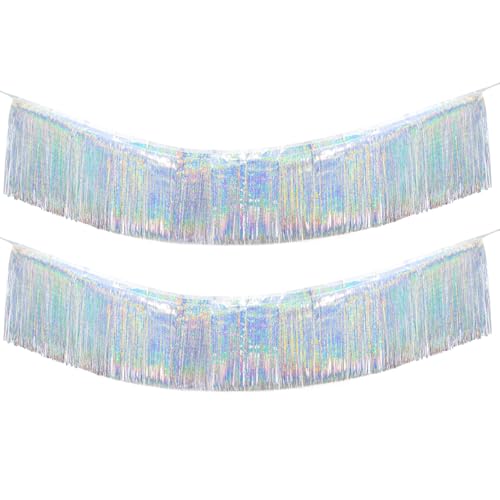 Image of Premium Glitter Silver Fringe Tinsel Garland for Party Decorations -4 Layers Thick, 2 Pack | LILF Foil Metallic Banner Party Streamers for Wedding Birthday Christmas Decoration Home Hanging