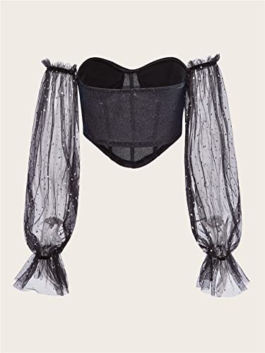 Mulheres Top Cortado de Tubo Bustiê Metálico Com Malha Babado (Color : Black, Size : X-Small)
