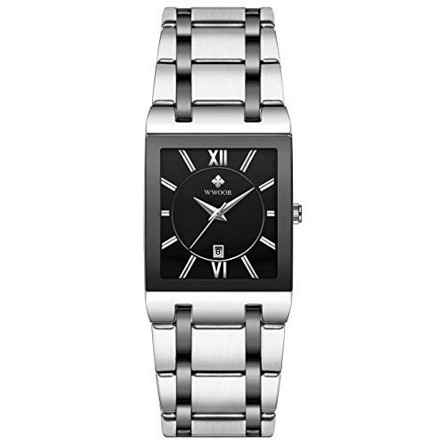 WWOOR Square Watches for Men Stainless Steel Mens Square Watch with Date Original Waterproof Analog Quartz Fashion Business Casual Wristwatch, A6-58-silvery Black, fashion