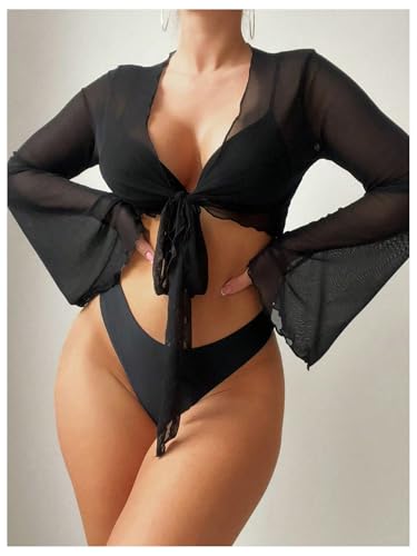SweatyRocks Women's Sheer Mesh Tie Front Cover Ups Tops Long Sleeve Swimsuit Coverups Swimwear3