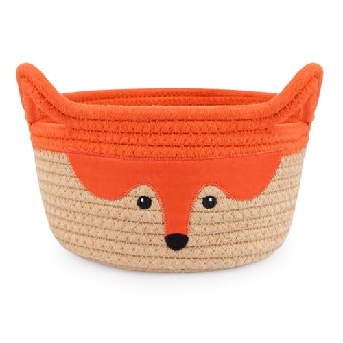 Image of Small Storage Basket, Cute Fox Animal Gift Basket for Nursery | Woven Rope Cotton Storage,Soft Baby Towel 0rganizer with Ears Handles, Caddy Blanket Towel Decor Storage Bin,8.2 inchD x 4.7 inchH in