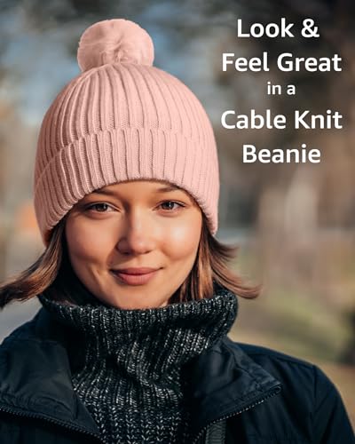 Image of Nollia Women's Pom Pom Knit Winter Beanie for Cold Weather - Warm Fleece - Cable Knit