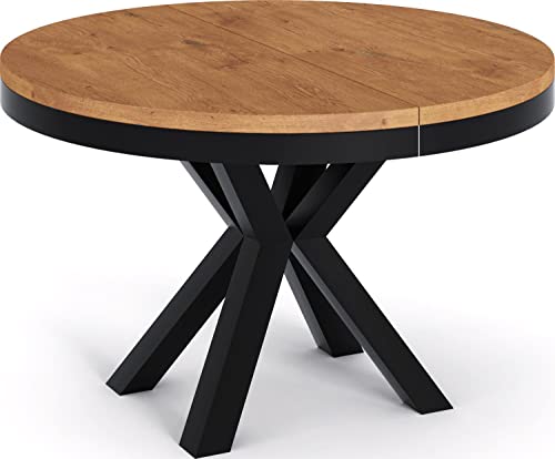 WFL GROUP Table à Manger Ronde Extensible Style Loft – Table Industrielle avec Pieds en Métal Noir – Gain De Place pour Salon Et Séjour – Chêne Lancelot –...