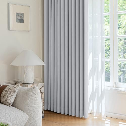 Image of FMFUNCTEX 100% Light Grey Blackout Curtains for Living Room, Curtains 63 Inches Long Weave Textured Thermal Insulated Curtains for Bedroom, Black Out Drapery Grommet Room Darkening 2 Panels