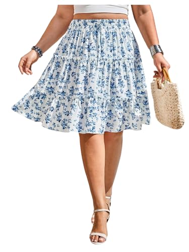 Women's Plus Size Floral Skirt Boho Ruffle Tiered Elastic High Waist Summer A Line Skirt