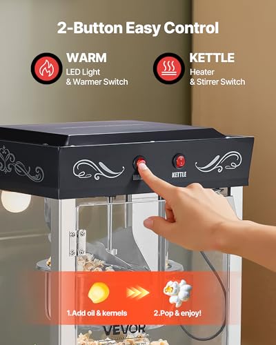 Image of VEVOR Popcorn Machine, 8oz Stainless Steel Kettle, 800W Commercial Countertop Popcorn Maker, 48 Cups per Batch Theater Style Popper, with 2-Button Control Glass Wall PC Door 1 Scoop 3 Spoons, Black
