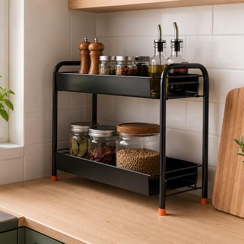 Image of Zepdos 2 Tier Kitchen Countertop Rack | Multipurpose Metal Storage Shelf for Spice Rack for kitchen, Bathroom & Pantry Organization | Space Saving Counter Rack Organizer, Black (40 x 20 x 33 cm)