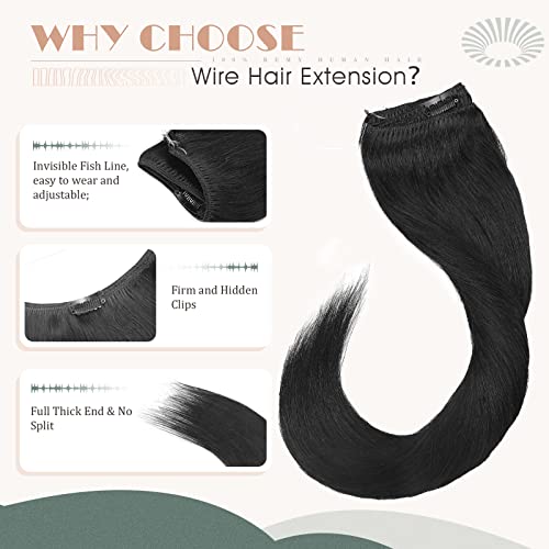 Wire Hair Extensions - 100% Real Human Hair Extensions, Invisible Wire Hair Extensions Real Human Hair For Women, Straight Halo Human Hair Extension, Halo Hair Extension (18 Inch, Jet Black) #TOP2